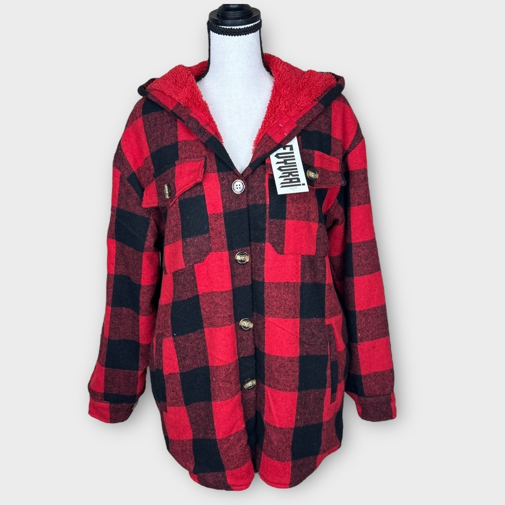 NWT Buffalo Plaid Hooded Sherpa Lined Barn Shirt Jacket Red Black Womens‎ Small